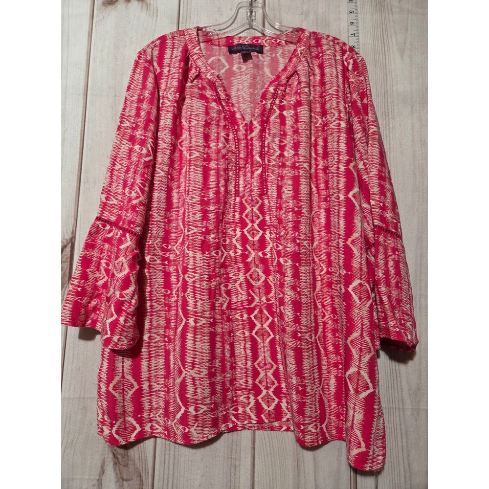Gloria Vanderbilt Women's Pink White Tribal Print Bell Sleeve Tunic Top‎ XL